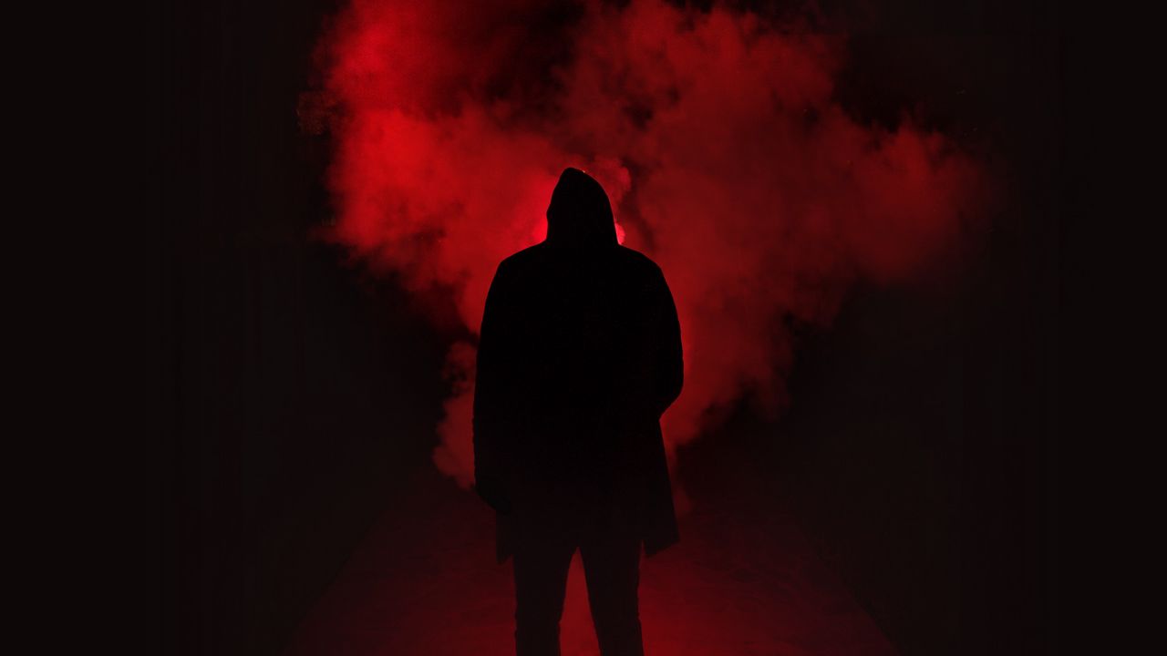 Wallpaper smoke, hood, silhouette, dark, red, black