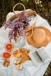 Preview wallpaper snacks, fruit, book, bouquet, hat, picnic