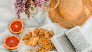 Preview wallpaper snacks, fruit, book, bouquet, hat, picnic