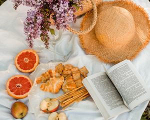 Preview wallpaper snacks, fruit, book, bouquet, hat, picnic