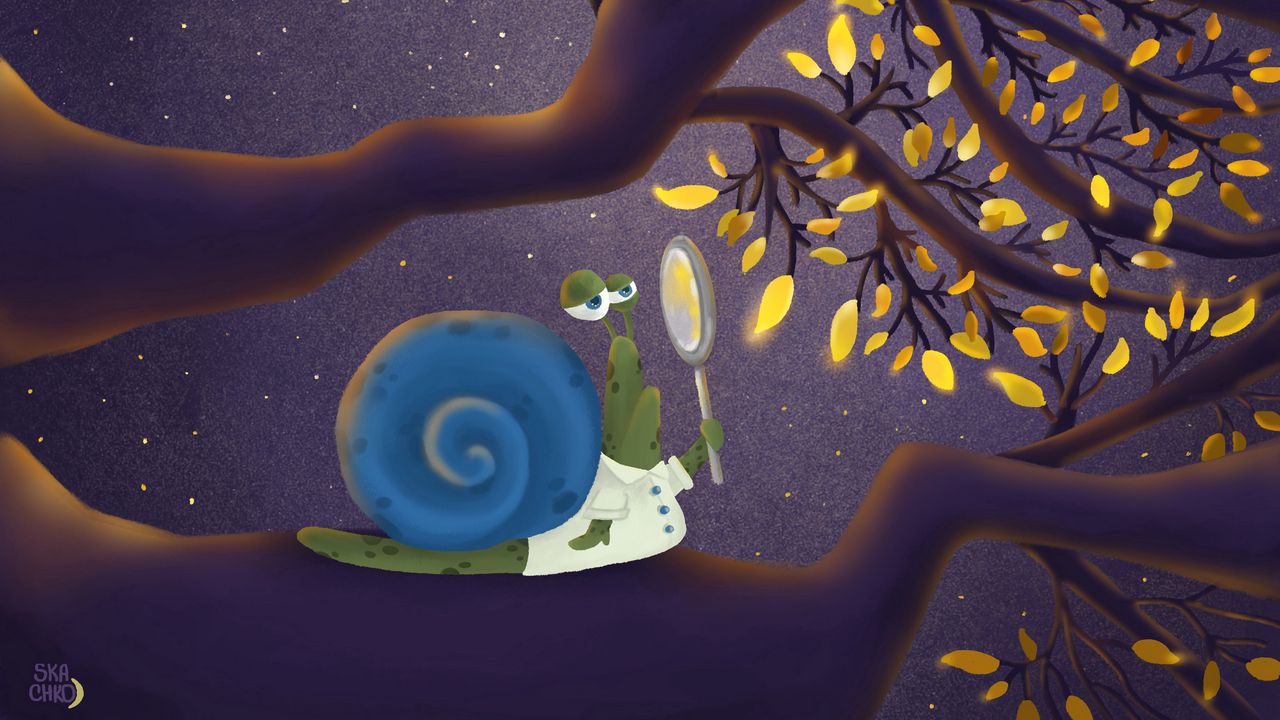 Wallpaper snail, branch, magnifier, leaves, art, funny