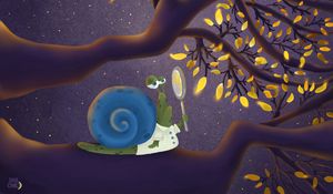 Preview wallpaper snail, branch, magnifier, leaves, art, funny