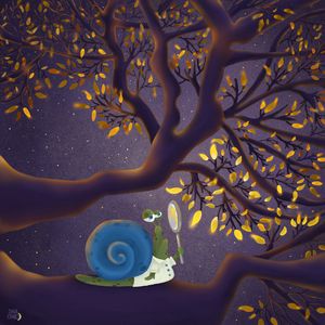 Preview wallpaper snail, branch, magnifier, leaves, art, funny