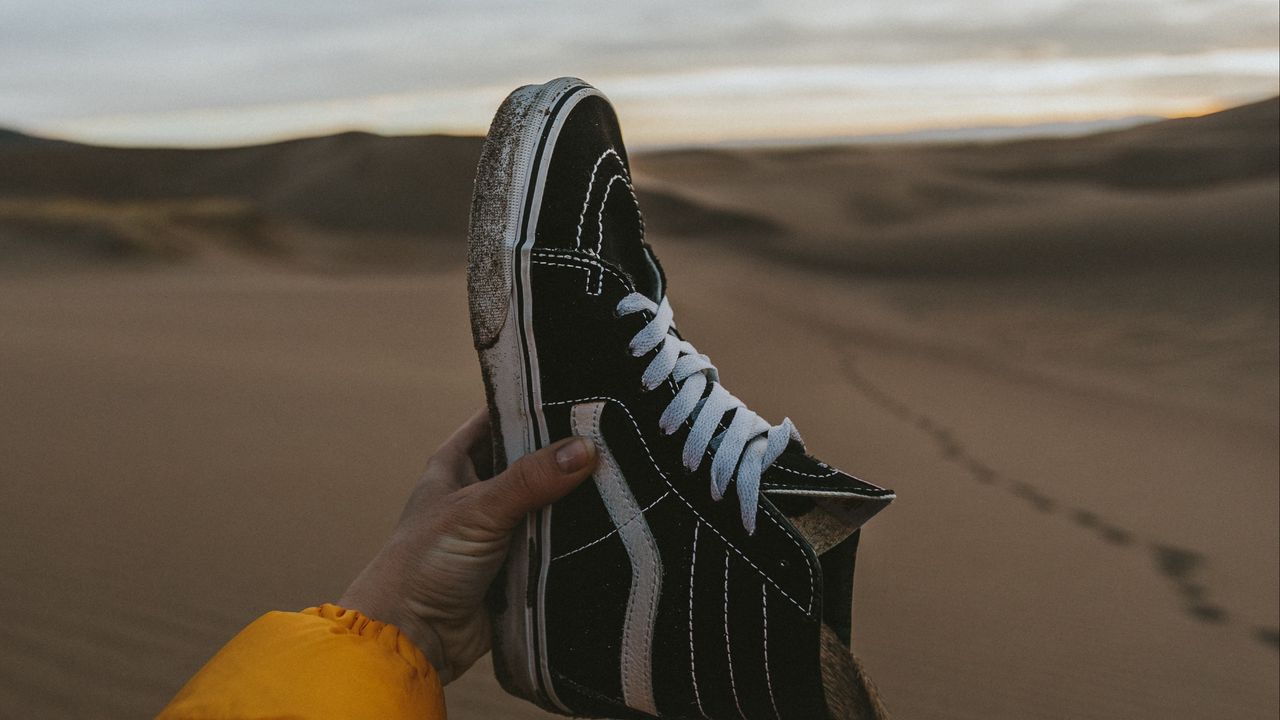 Wallpaper sneaker, sand, hand, shoes, desert
