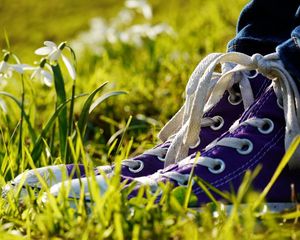 Preview wallpaper sneakers, grass, flowers, legs