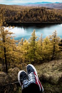 Preview wallpaper sneakers, lake, autumn