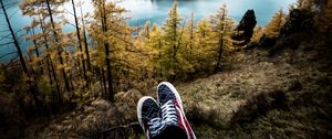 Preview wallpaper sneakers, lake, autumn