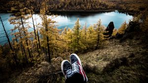 Preview wallpaper sneakers, lake, autumn