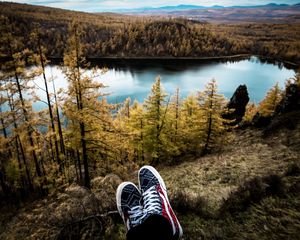 Preview wallpaper sneakers, lake, autumn