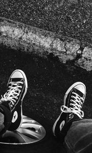 Preview wallpaper sneakers, legs, bw, wheel