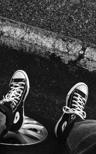 Preview wallpaper sneakers, legs, bw, wheel