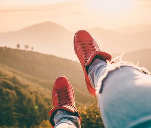 Preview wallpaper sneakers, legs, red, mountains