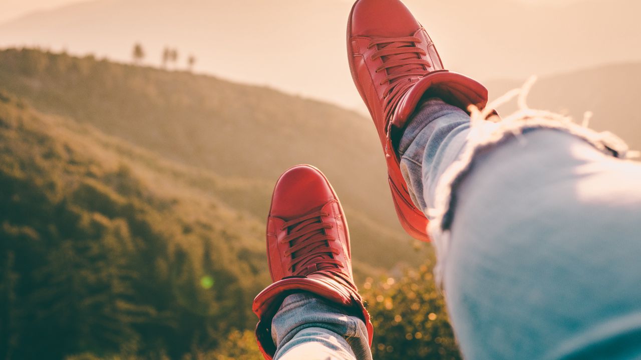 Wallpaper sneakers, legs, red, mountains hd, picture, image