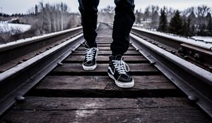 Preview wallpaper sneakers, railway lines, legs