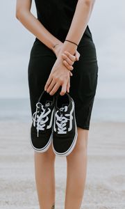 Preview wallpaper sneakers, shoes, black, girl, beach