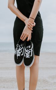 Preview wallpaper sneakers, shoes, black, girl, beach