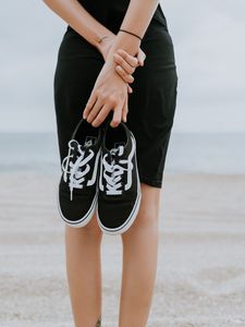 Preview wallpaper sneakers, shoes, black, girl, beach