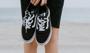 Preview wallpaper sneakers, shoes, black, girl, beach