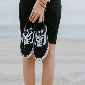 Preview wallpaper sneakers, shoes, black, girl, beach