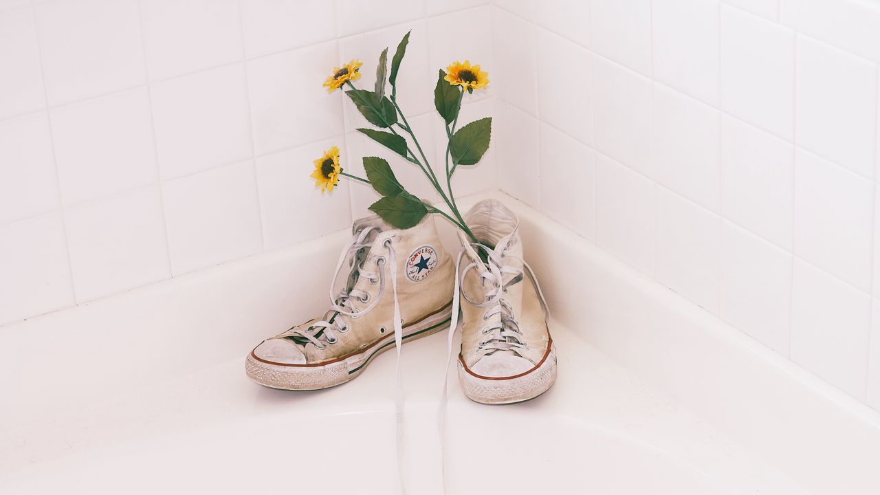 Wallpaper sneakers, shoes, flowers, bouquet, bright, white