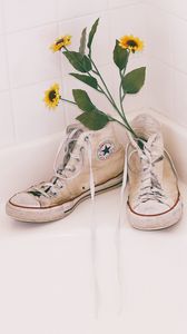 Preview wallpaper sneakers, shoes, flowers, bouquet, bright, white
