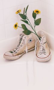 Preview wallpaper sneakers, shoes, flowers, bouquet, bright, white