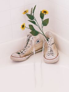 Preview wallpaper sneakers, shoes, flowers, bouquet, bright, white