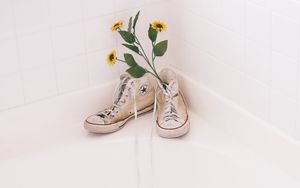 Preview wallpaper sneakers, shoes, flowers, bouquet, bright, white