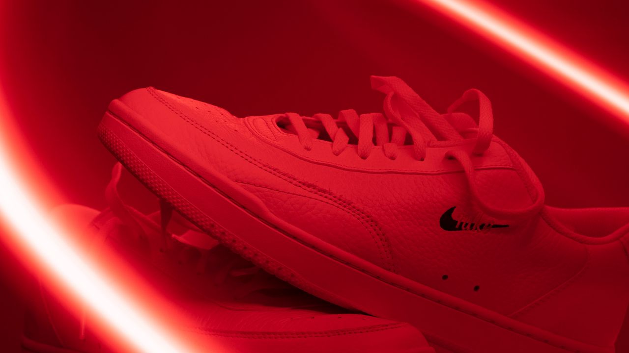 Wallpaper sneakers, shoes, stripes, glow, red hd, picture, image