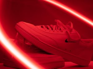Preview wallpaper sneakers, shoes, stripes, glow, red