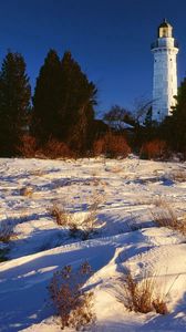 Preview wallpaper snow, beacon, trees, lake michigan