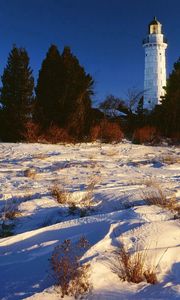 Preview wallpaper snow, beacon, trees, lake michigan