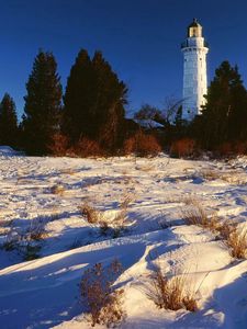 Preview wallpaper snow, beacon, trees, lake michigan