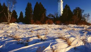 Preview wallpaper snow, beacon, trees, lake michigan