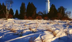 Preview wallpaper snow, beacon, trees, lake michigan