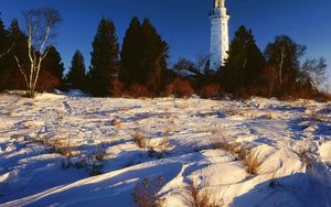 Preview wallpaper snow, beacon, trees, lake michigan