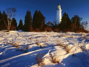 Preview wallpaper snow, beacon, trees, lake michigan