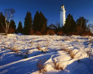 Preview wallpaper snow, beacon, trees, lake michigan