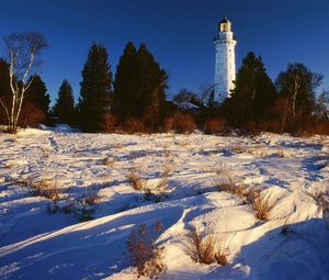 Preview wallpaper snow, beacon, trees, lake michigan