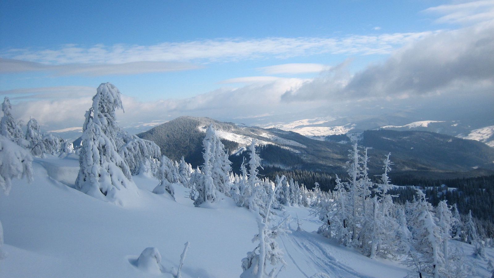 Download wallpaper 1600x900 snow, carpathian mountains, the mountain