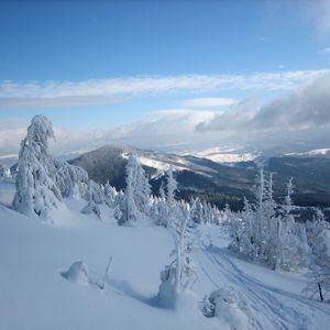 Preview wallpaper snow, carpathian mountains, the mountain stig, trees, ukraine, winter, svidovets, rahovsky area