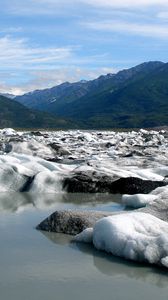 Preview wallpaper snow, coast, water, mountains