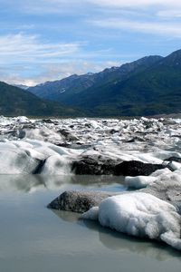 Preview wallpaper snow, coast, water, mountains