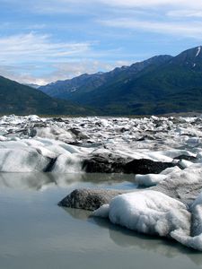 Preview wallpaper snow, coast, water, mountains