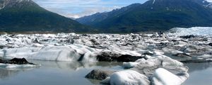 Preview wallpaper snow, coast, water, mountains