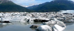 Preview wallpaper snow, coast, water, mountains