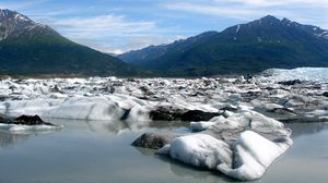 Preview wallpaper snow, coast, water, mountains