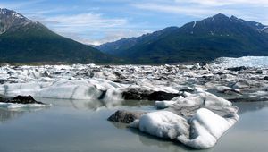 Preview wallpaper snow, coast, water, mountains