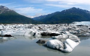 Preview wallpaper snow, coast, water, mountains