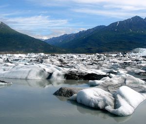 Preview wallpaper snow, coast, water, mountains